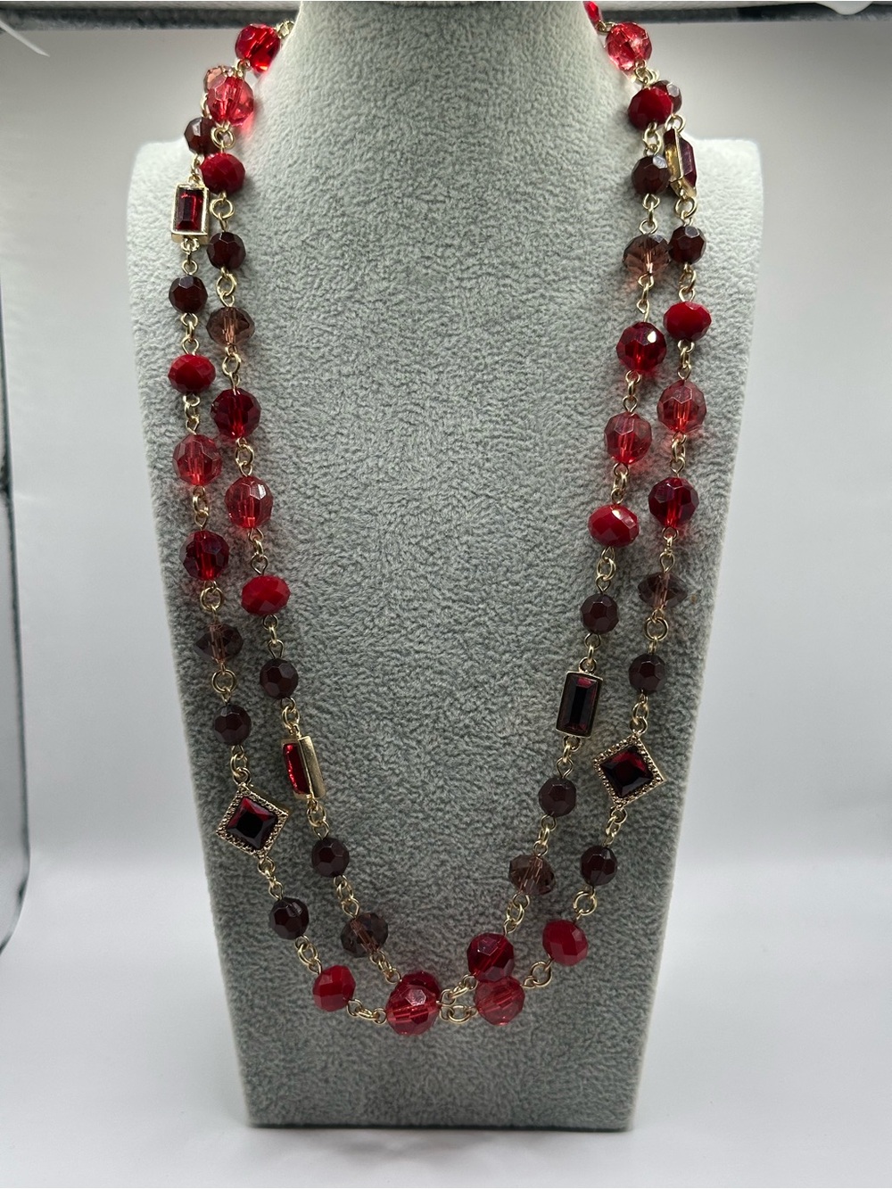 Red Faceted Crystal & Rhinestone Station Long Necklace | Gold Tone
